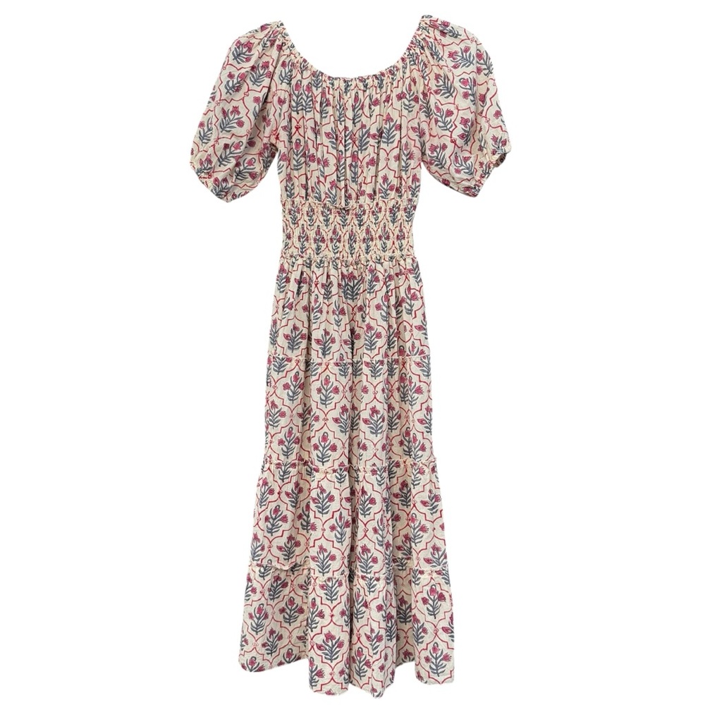 Smocked Waist Floral Puff-Sleeve Maxi Dress - Cream with Pink & Blue Floral